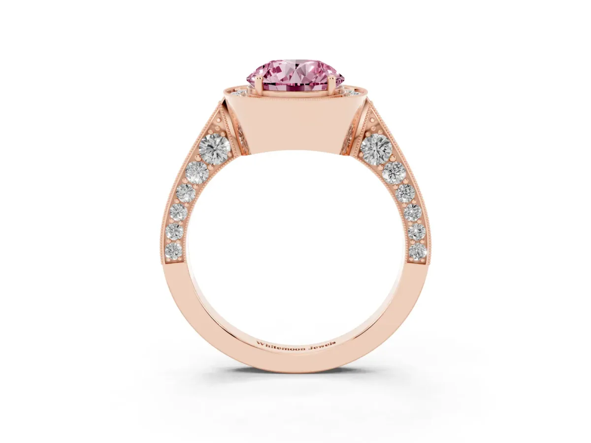 Fancy Pink Round Cut Halo Diamond Engagement Ring with Split Shank Band and Four-Prong Setting Rose gold