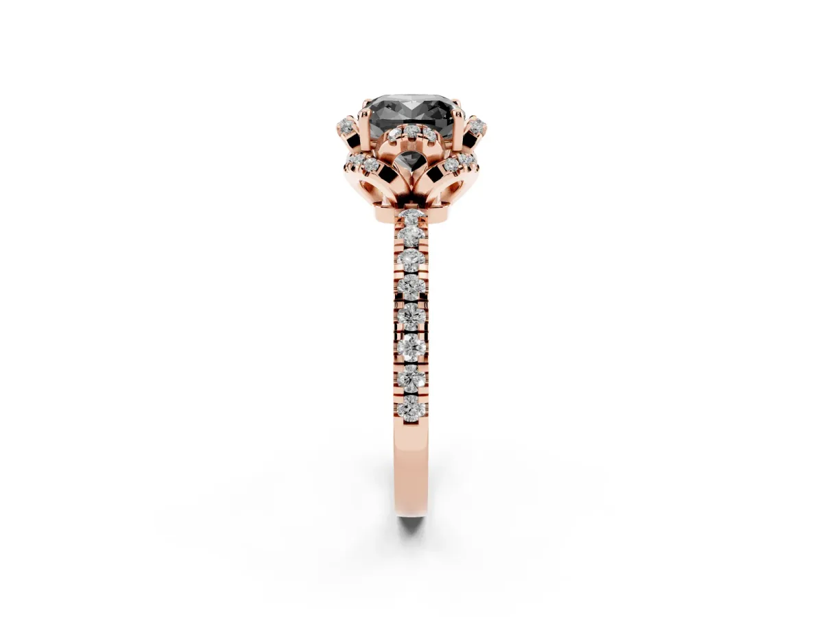 Fancy Black Cushion Cut Diamond Halo Pave Band with Four-Prong Setting Rose gold