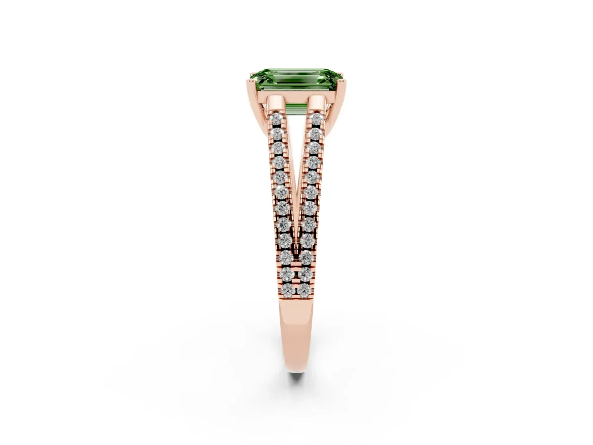 Fancy Green Emerald Cut Diamond Solitaire Engagement Ring with Split Shank Pavé Band Rose gold