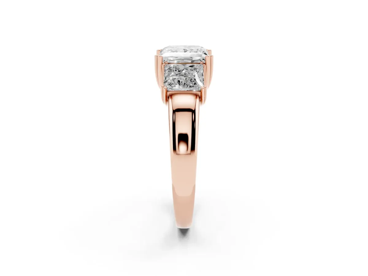 Three-Stone Princess Cut Cut Diamond Ring with Channel Set Band and Four-Prong Setting Rose gold