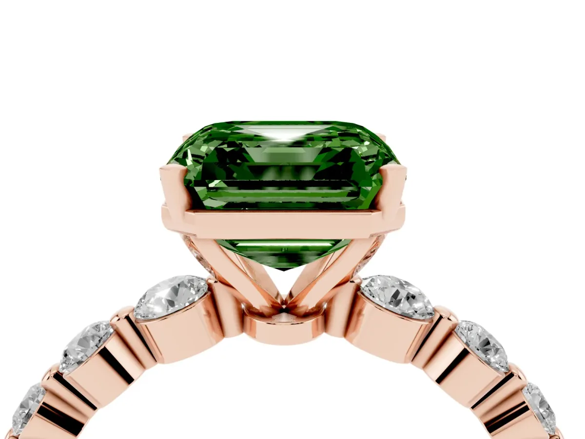 Fancy Green Asscher Cut Solitaire Diamond Ring with Pave Band and Four-Prong Setting Rose gold