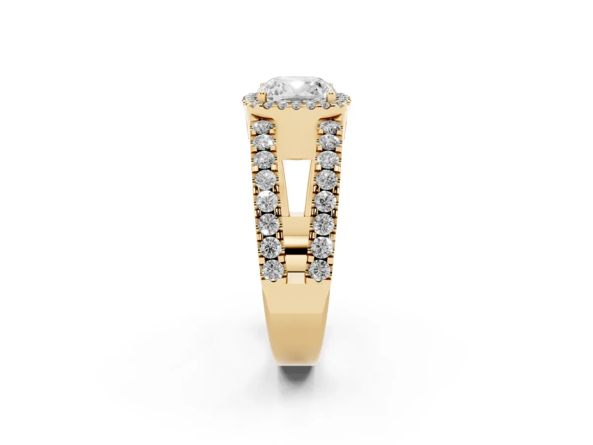 Cushion Cut Cut Halo Split Shank Diamond Ring with Four-Prong Setting Yellow gold