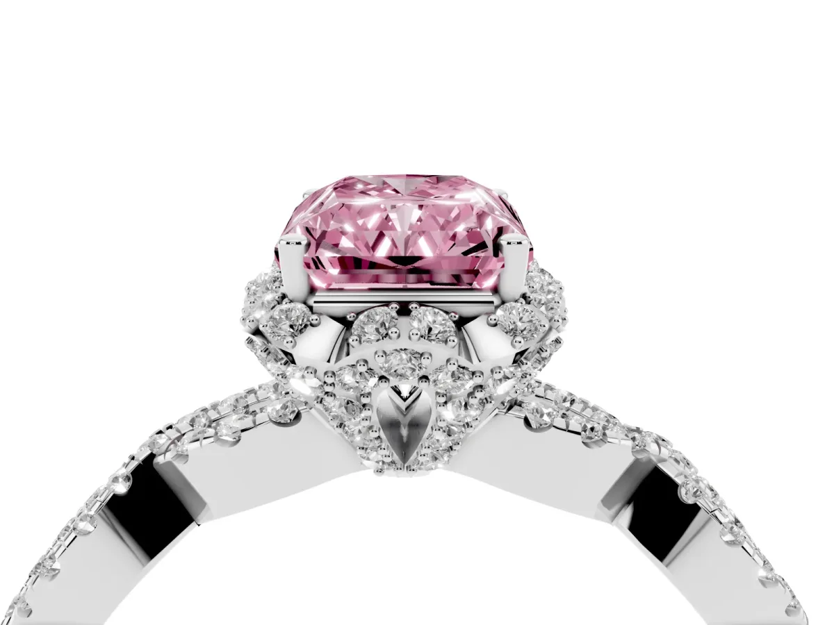 Fancy Pink Radiant Cut Halo Twist Band Solitaire Ring with Six-Prong Setting White gold