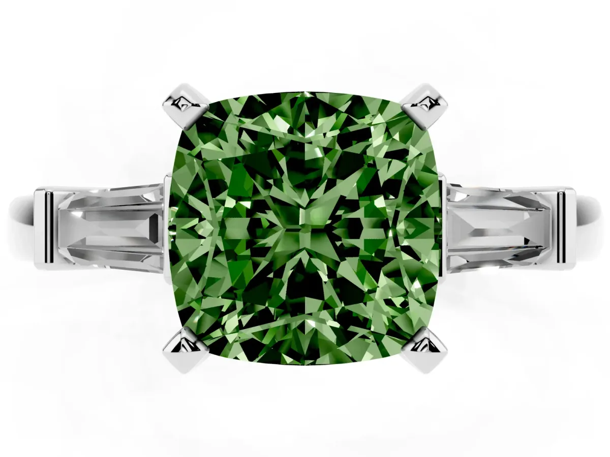 Fancy Green Cushion Cut Cut Diamond Solitaire Ring with Tapered Baguette Accents and Four-Prong Setting Silver