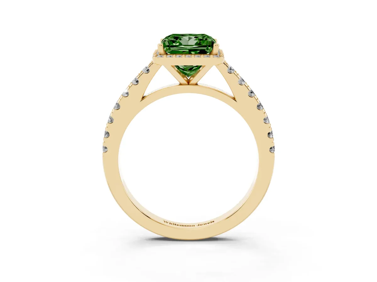 Fancy Green Princess Cut Cut Halo Diamond Engagement Ring with Pave Band and Four-Prong Setting Yellow gold