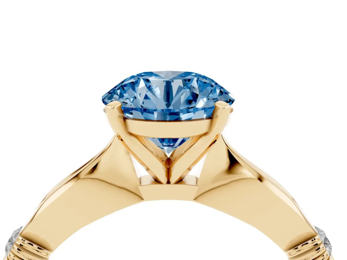 Fancy Blue Round Cut Solitaire Diamond Twisted Band with Four-Prong Setting Yellow gold