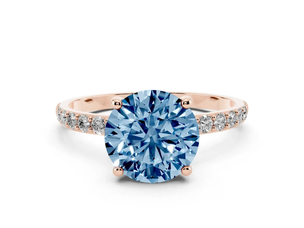 Fancy Blue Round Cut Diamond Solitaire Ring with Round Pavé Band and Prong Setting Rose gold