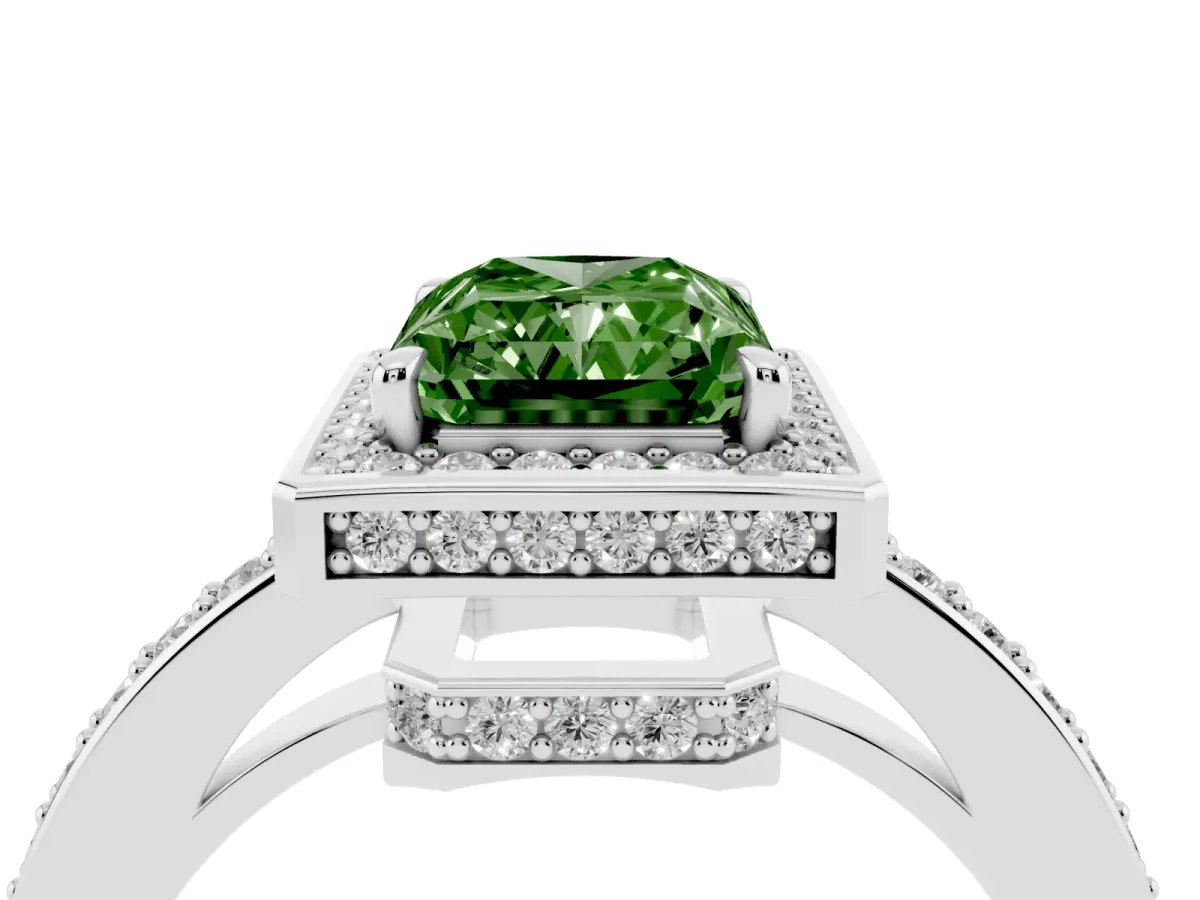 Fancy Green Radiant Cut Halo Pave Band Solitaire Ring with Prong Setting White gold