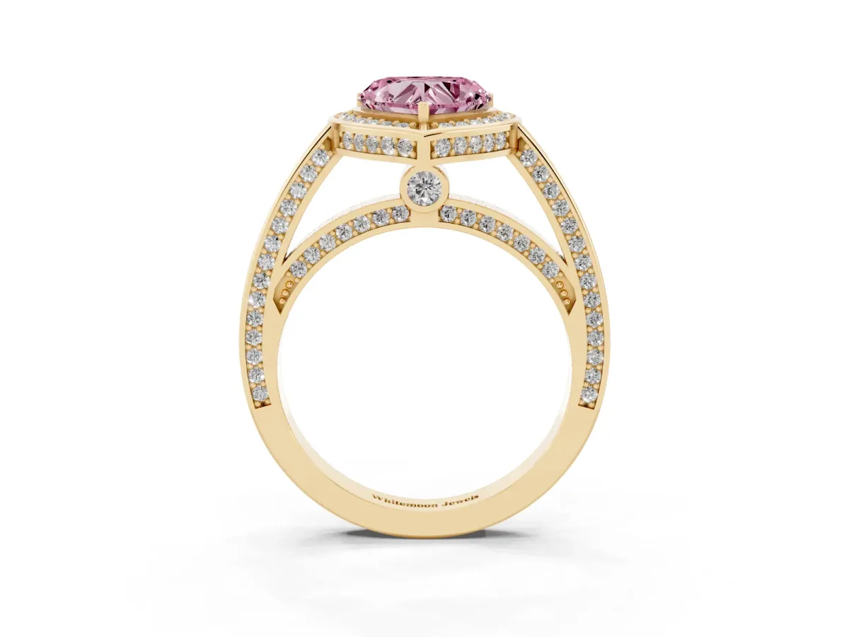Fancy Pink Heart Cut Cut Halo Pave Split Shank Prong Setting Ring Yellow gold