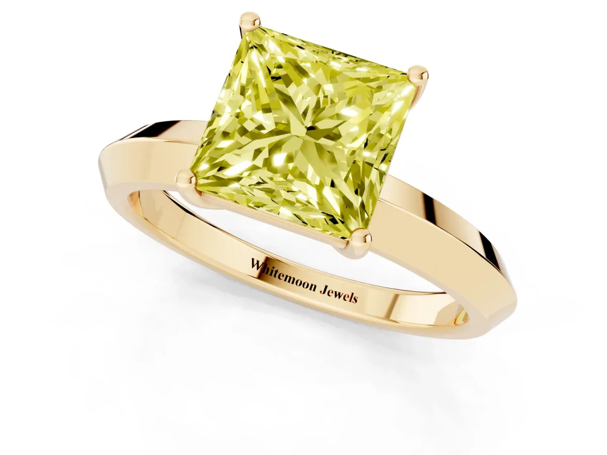 Fancy Yellow Princess Cut Cut Solitaire Engagement Ring with Flat Band and Four-Prong Setting Yellow gold
