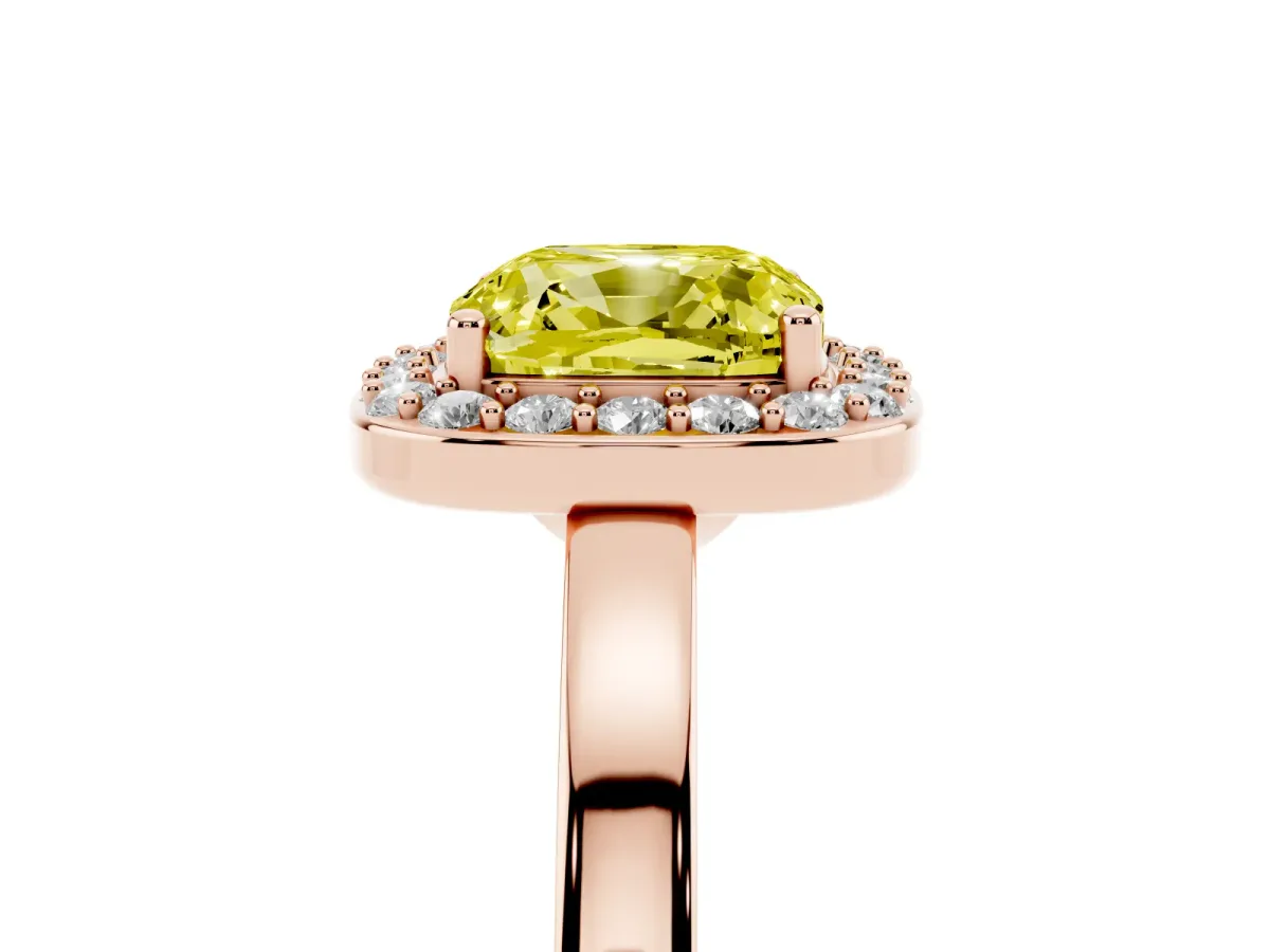 Fancy Yellow Cushion Cut Halo Diamond Ring with Solitaire Band and Prong Setting Rose gold