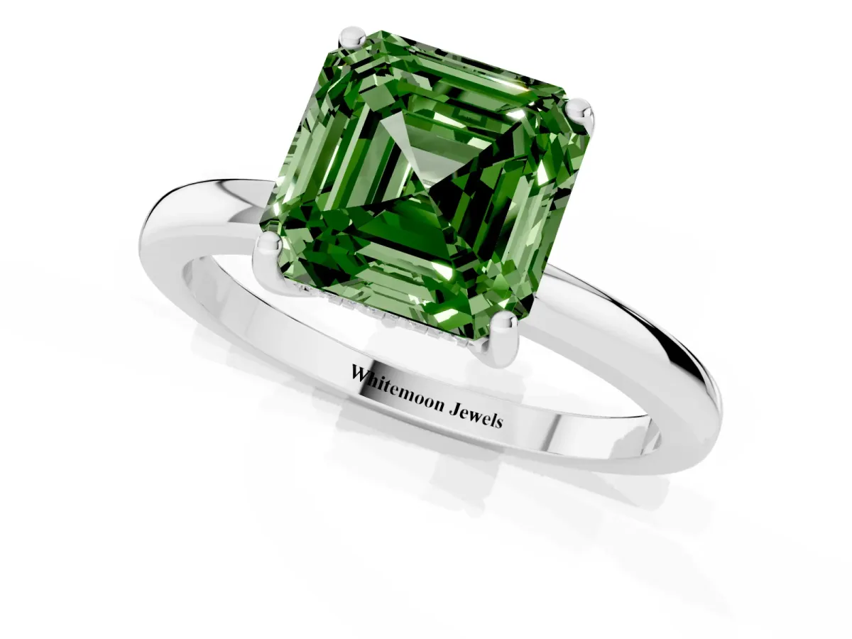 Fancy Green Asscher Cut Solitaire Diamond Ring with Prong Setting and Plain Band White gold