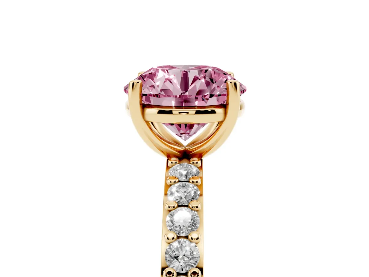 Fancy Pink Round Cut Cut Diamond Solitaire with Pave Band and Four-Prong Setting Yellow gold