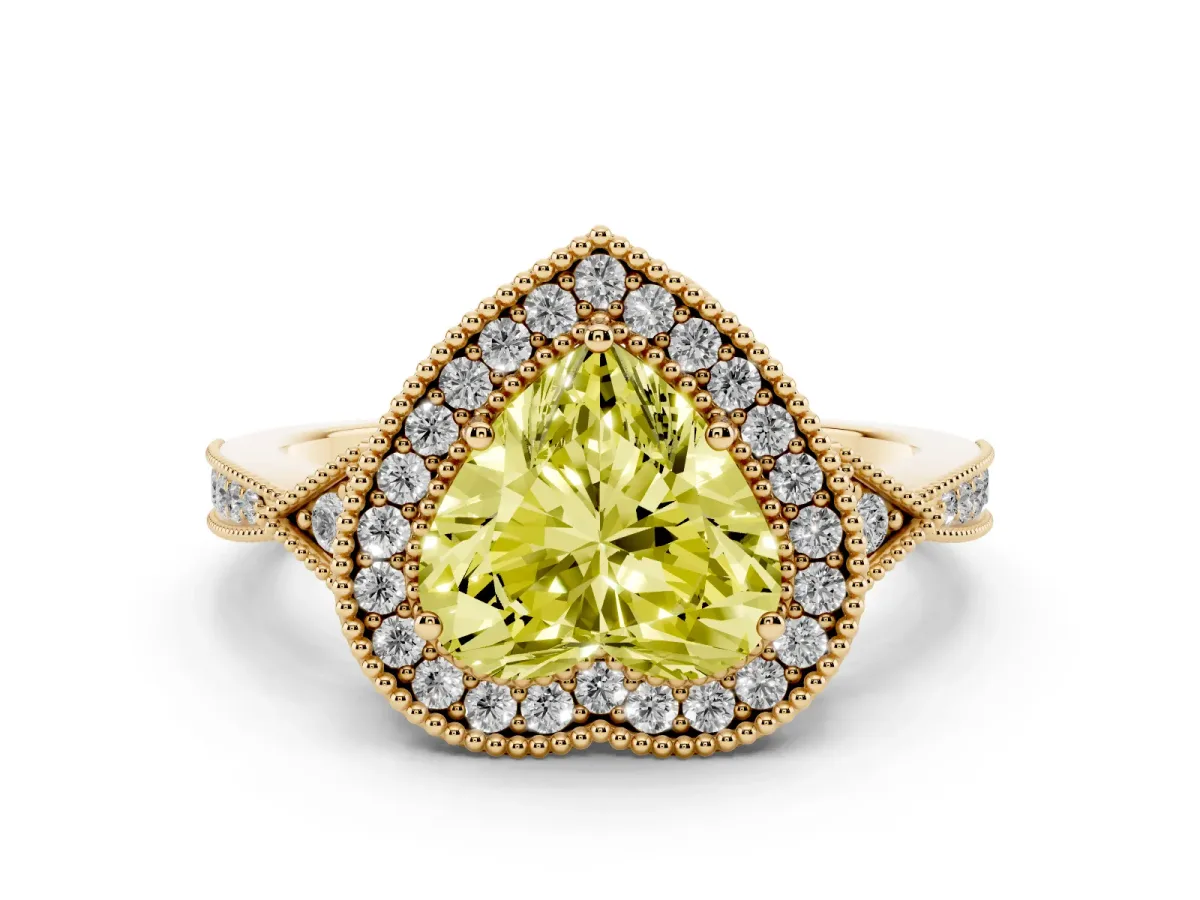 Fancy Yellow Heart Cut Halo Round Diamond Milgrain Pave Engagement Ring Yellow gold