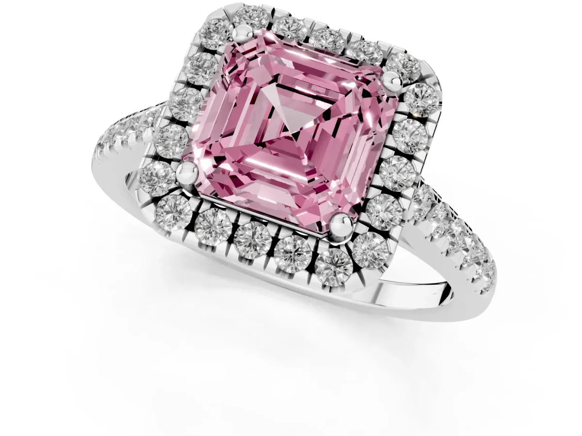 Fancy Pink Asscher Cut Halo Pavé Diamond Engagement Ring with Four-Prong Setting Silver
