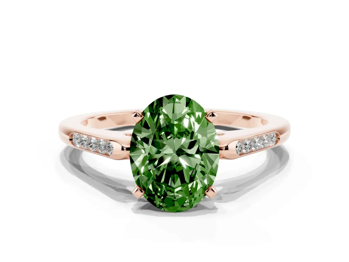 Fancy Green Oval Cut Diamond Solitaire Ring with Channel Set Round Band and Prong Setting Rose gold