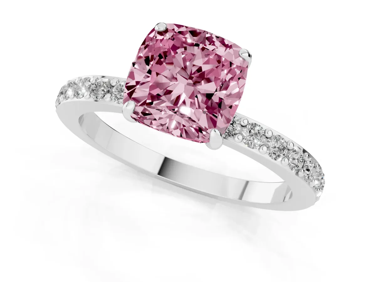 Fancy Pink Cushion Cut Diamond Solitaire Engagement Ring with Pavé Band and Four-Prong Setting White gold