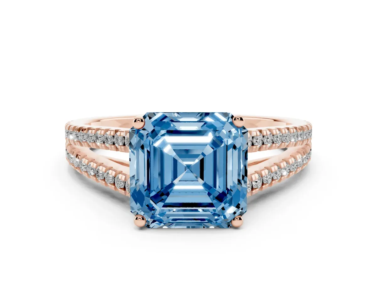 Fancy Blue Asscher Cut Diamond Solitaire Engagement Ring with Split Shank Pavé Band Rose gold