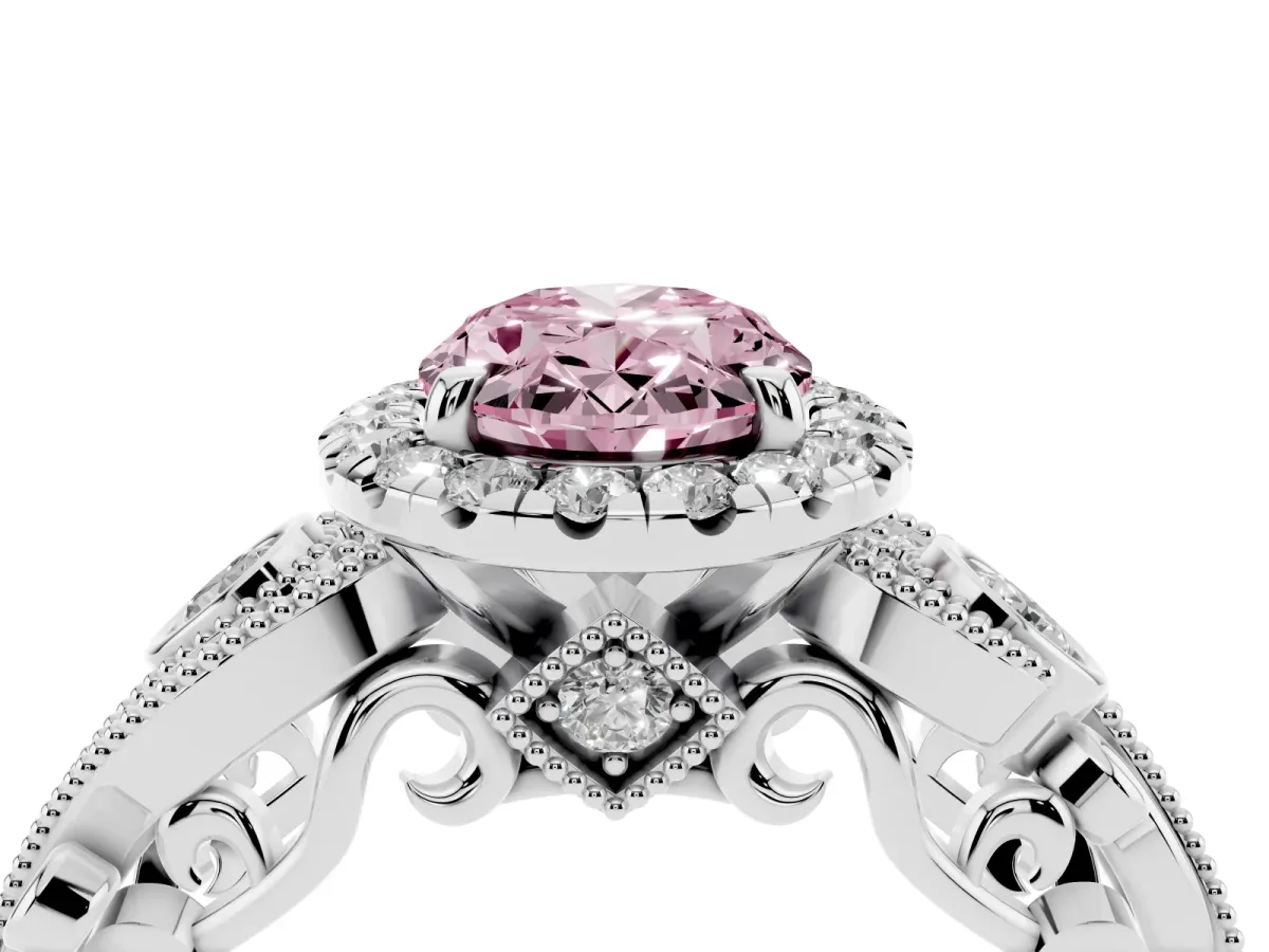 Fancy Pink Oval Cut Diamond Halo Ring with Milgrain Pavé Band and Four-Prong Setting Silver