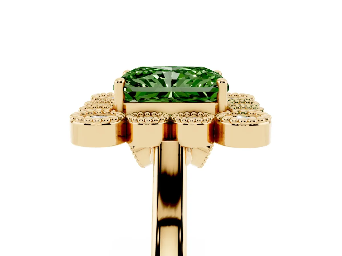 Fancy Green Radiant Cut Halo Diamond Cluster Engagement Ring with Milgrain Bezel Setting and Solitaire Band Yellow gold