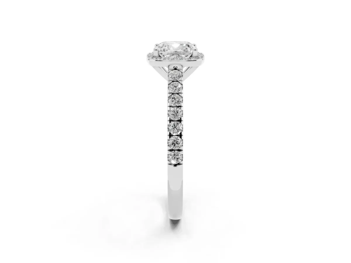 Cushion Cut Cut Halo Diamond Engagement Ring with Pave Band and Four-Prong Setting Platinum