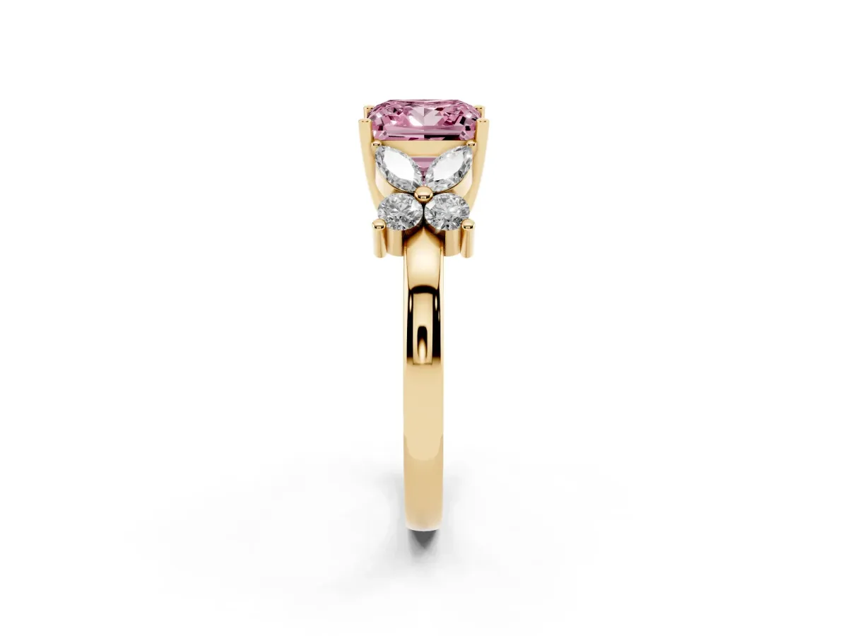 Fancy Pink Princess Cut Diamond Floral Cluster Ring with Solitaire Band and Prong Setting Yellow gold