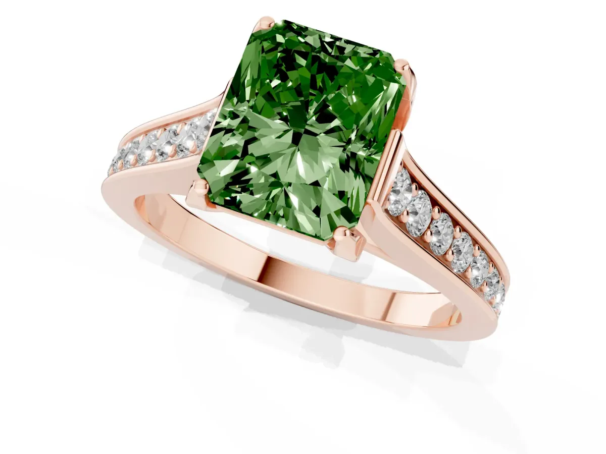 Fancy Green Radiant Cut Brilliant Cut Diamond Engagement Ring with Pavé Band and Four-Prong Setting Rose gold
