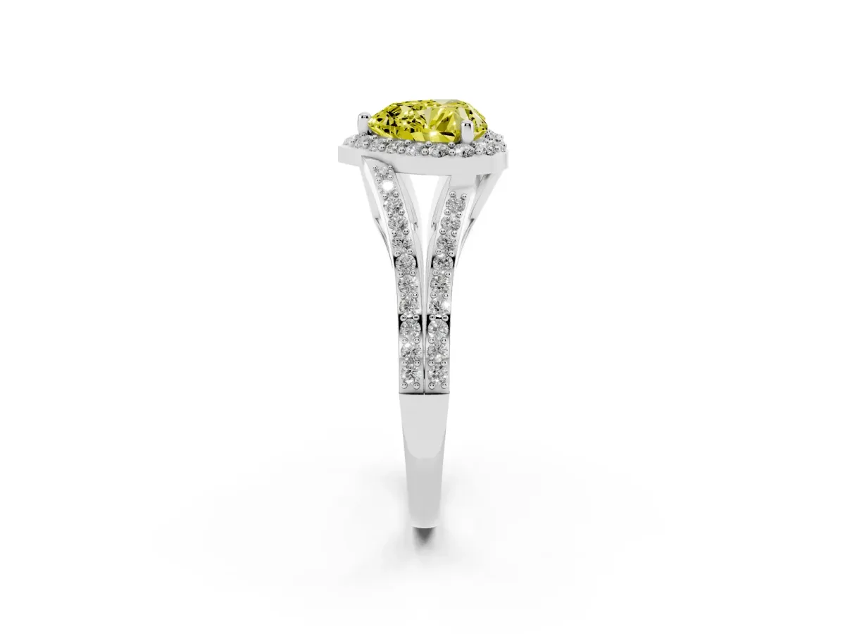 Fancy Yellow Heart Cut Halo Split Shank Diamond Ring with Prong Setting Silver