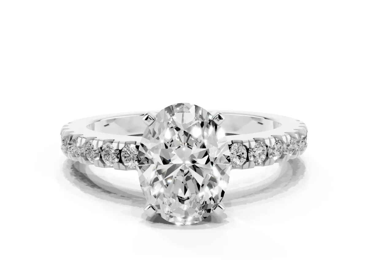 Oval Cut Solitaire Diamond with Pavé Band and Four-Prong Setting Platinum