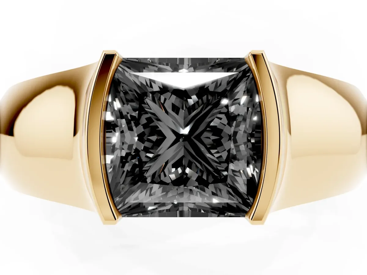 Fancy Black Princess Cut Solitaire Bezel Set Diamond Ring with Wide Band Yellow gold