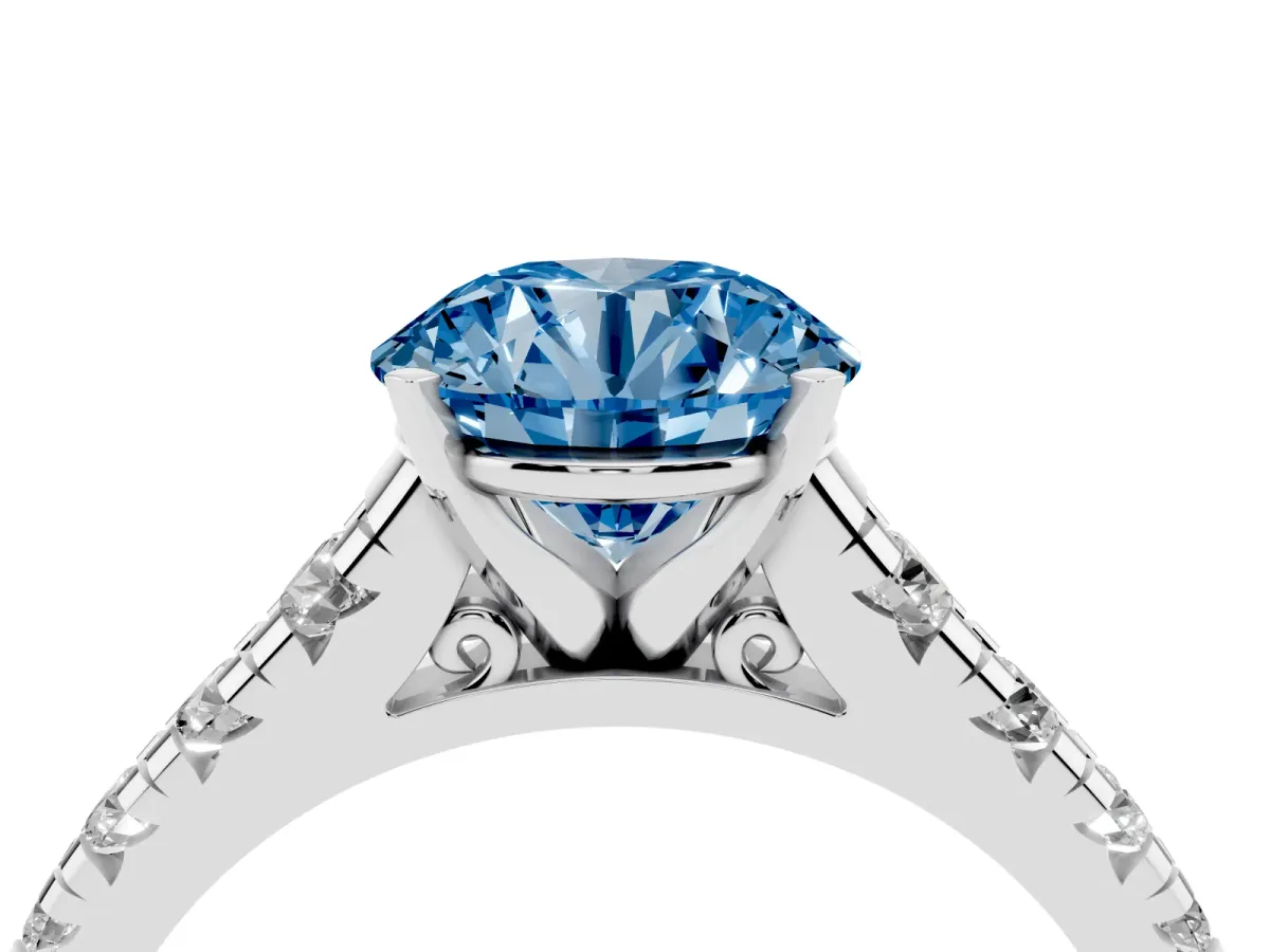 Fancy Blue Round Cut Diamond Cathedral Solitaire Ring with Round Pavé Band Silver