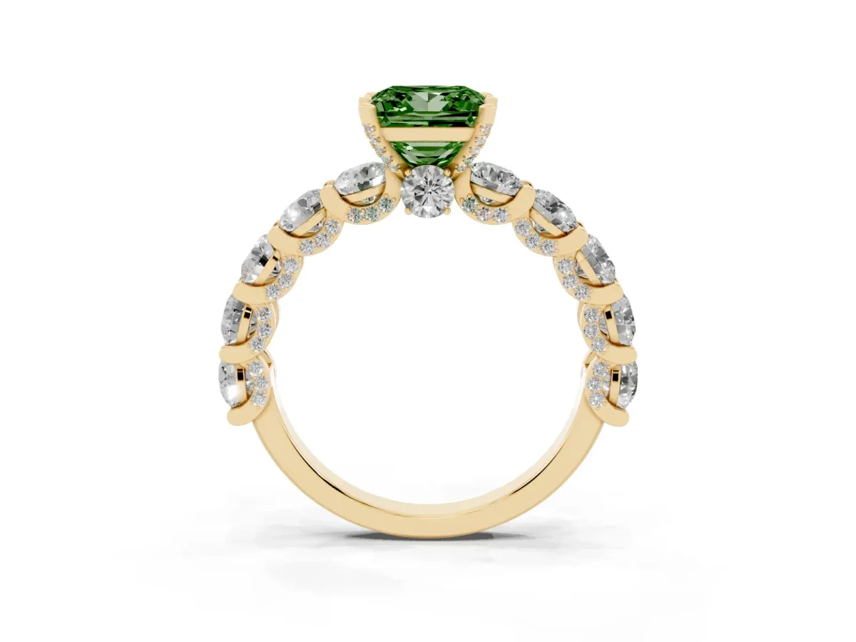 Fancy Green Princess Cut Diamond Side Stone Engagement Ring with Four-Prong Setting Yellow gold