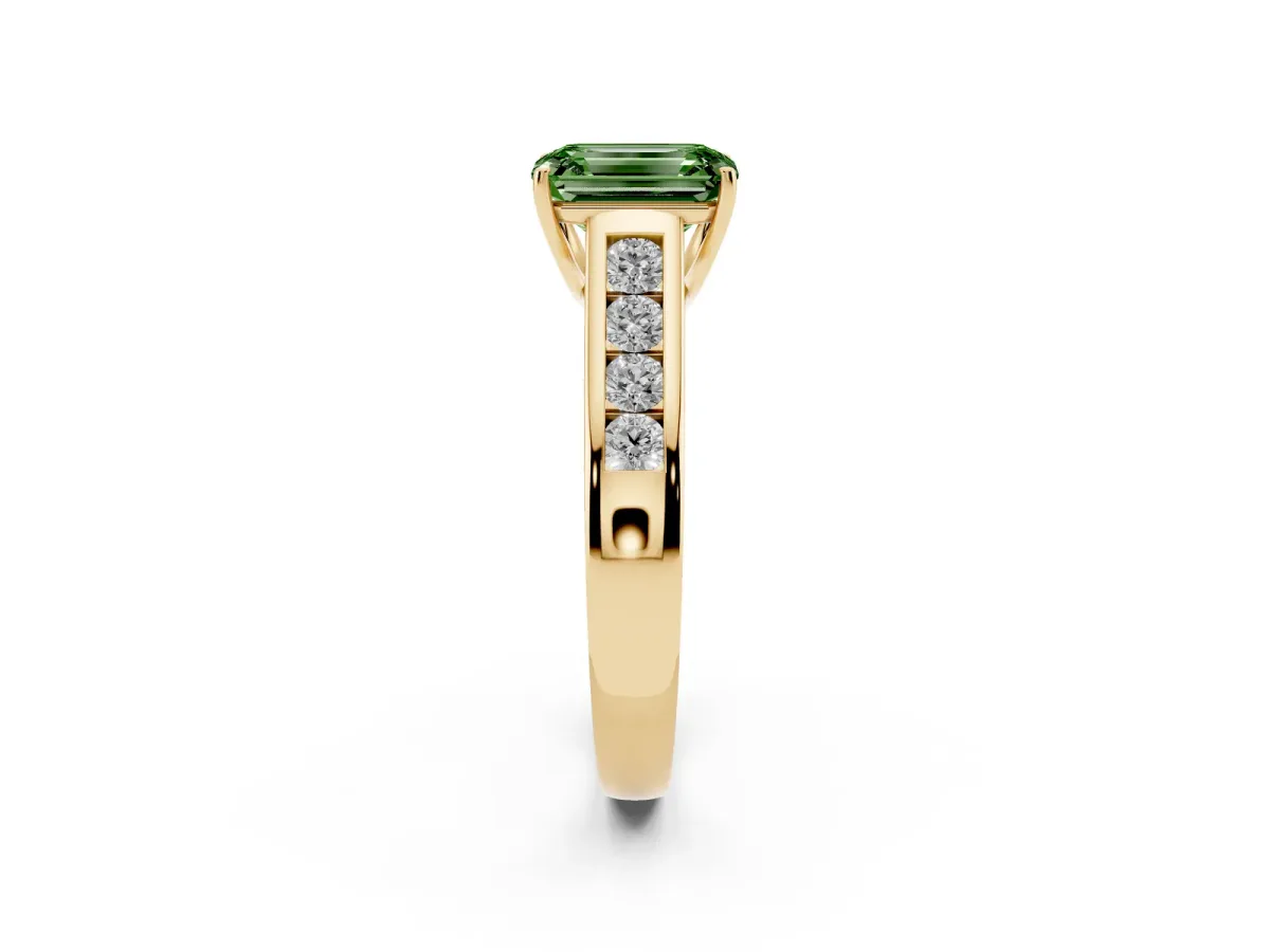 Fancy Green Emerald Cut Solitaire Channel-Set Diamond Engagement Ring with Four-Prong Setting Yellow gold