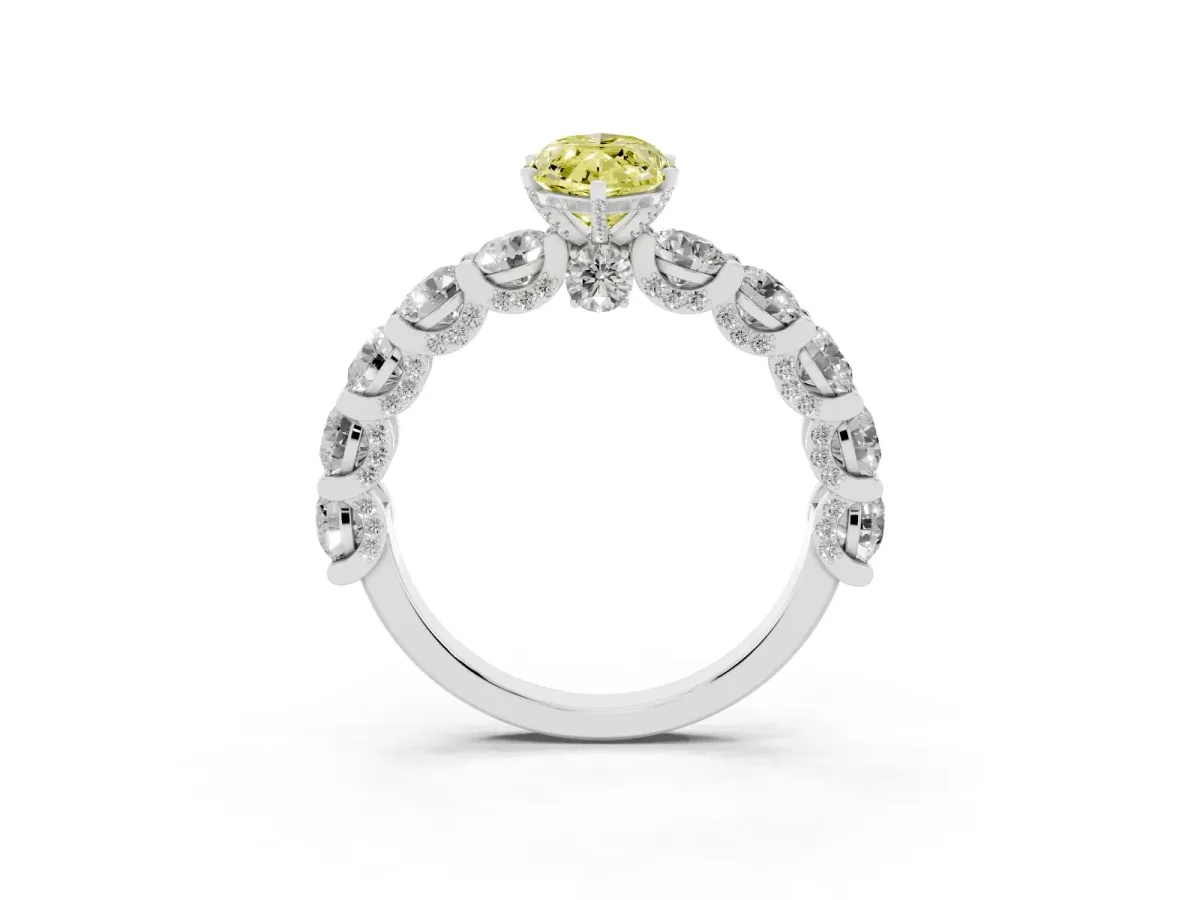 Fancy Yellow Marquise Cut Diamond Side Stone Engagement Ring with Four-Prong Setting Silver