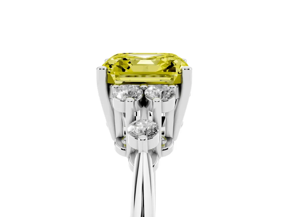 Fancy Yellow Asscher Cut Cut Diamond Cluster Ring with Solitaire Band and Four-Prong Setting Silver