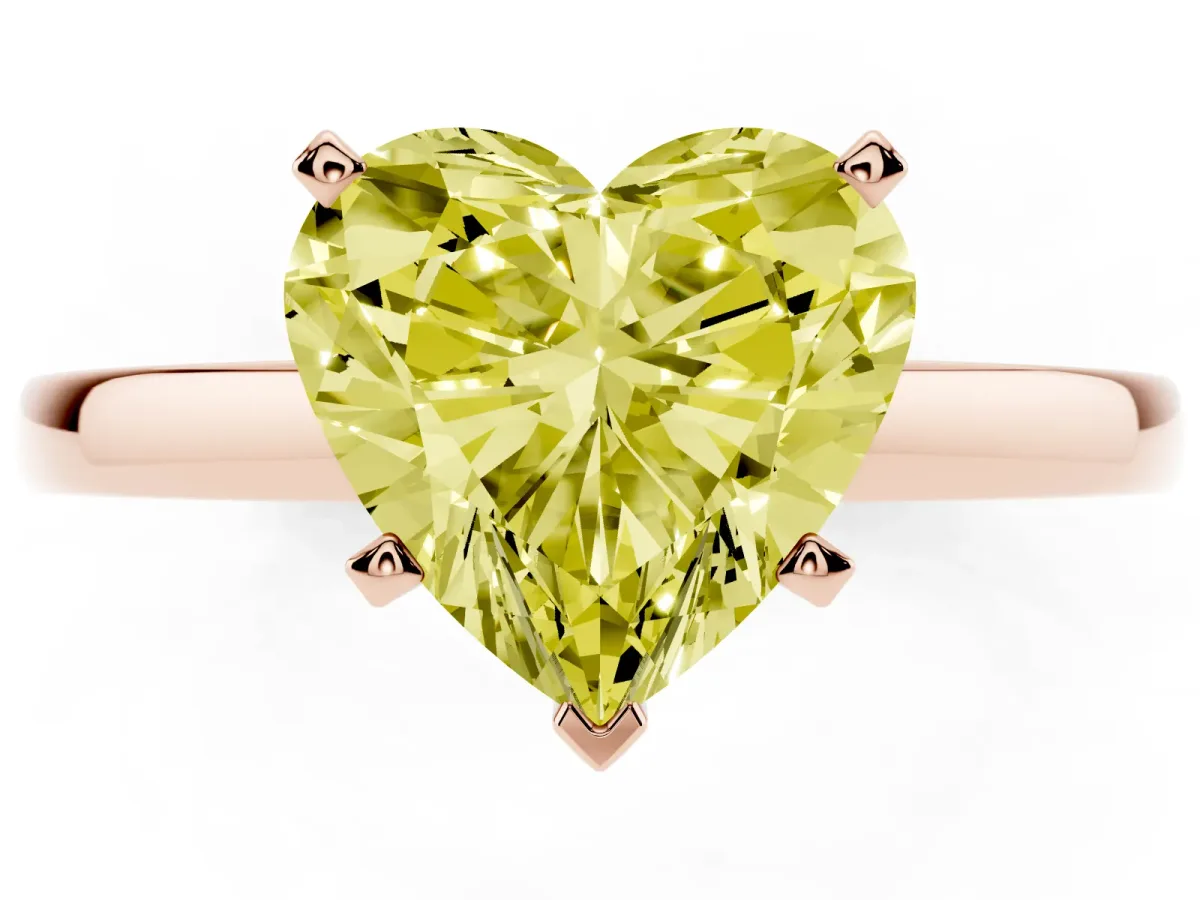 Fancy Yellow Heart Cut Solitaire Diamond Engagement Ring with Four-Prong Setting on a Classic Band Rose gold