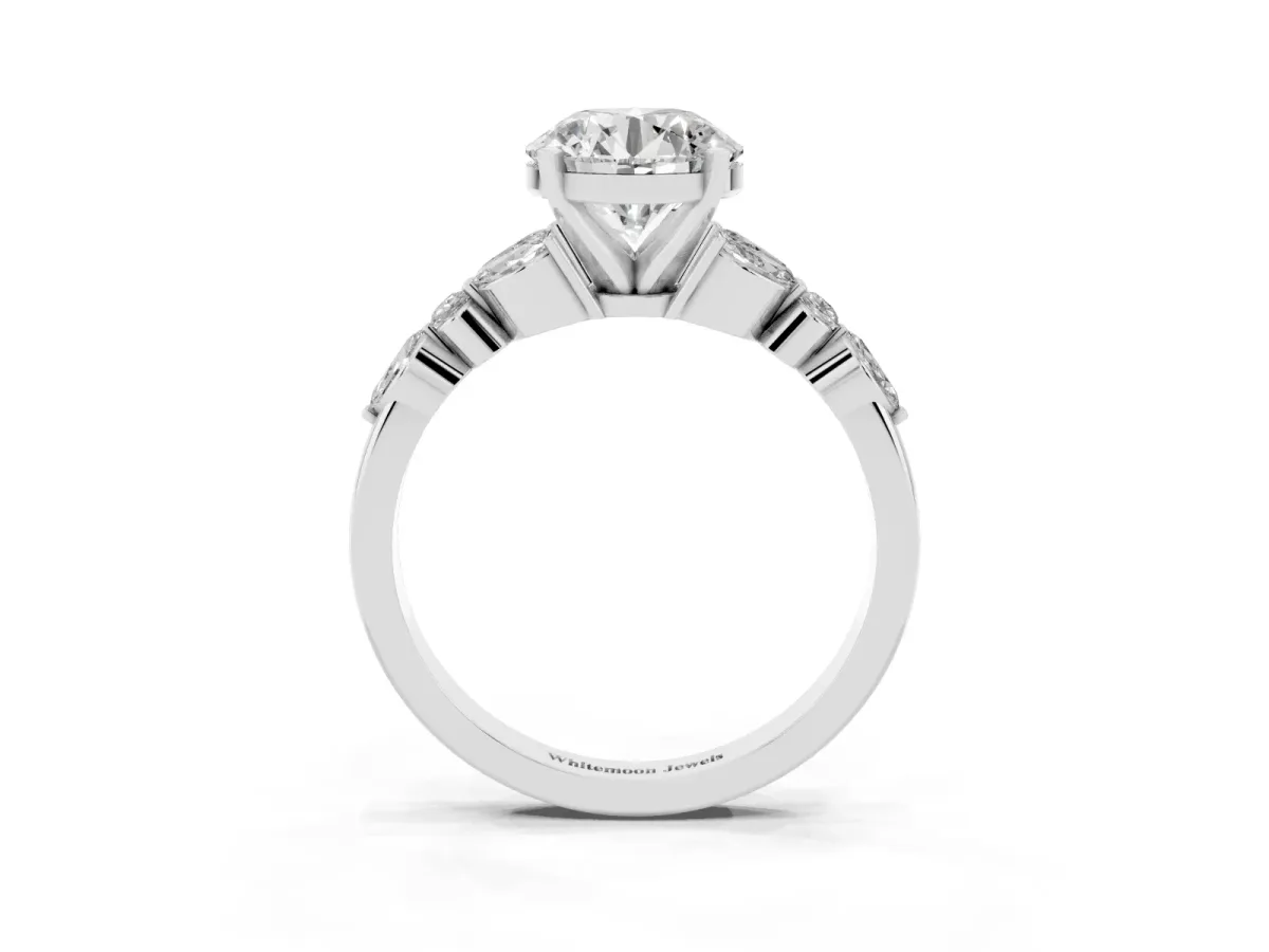 Round Cut Diamond Solitaire Ring with Side Stones and Four-Prong Setting White gold