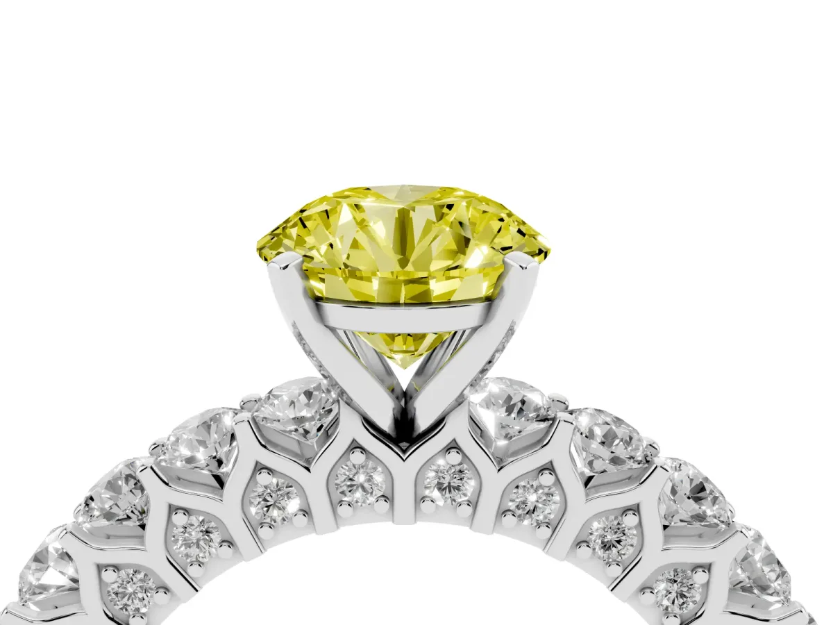 Fancy Yellow Round Cut Diamond Solitaire Ring with Shared Prong Pavé Band and Four-Prong Setting Silver