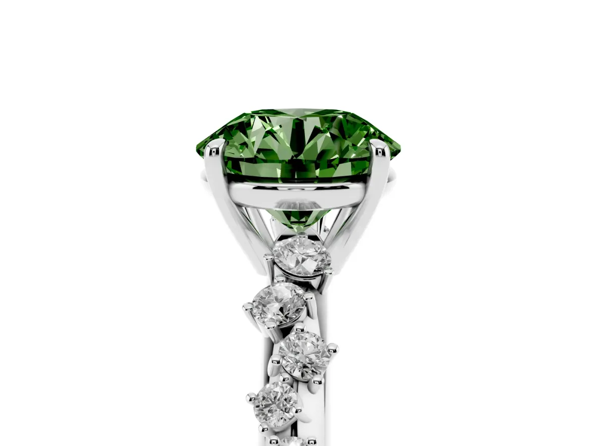 Fancy Green Round Cut Diamond Cluster Side Stone Solitaire Ring with Prong Setting Platinum
