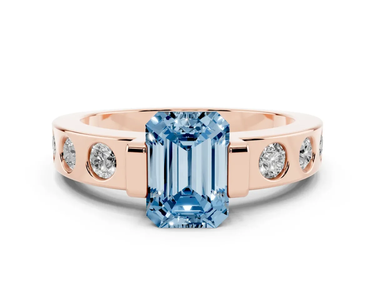 Fancy Blue Emerald Cut Brilliant Channel-Set Diamond Ring with Bezel Prong Setting Rose gold