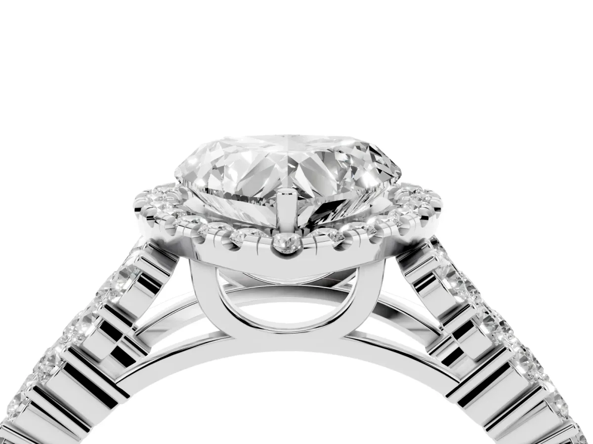 Heart Cut Diamond Halo Engagement Ring with Triple Row Round Pavé Band and Prong Setting Silver