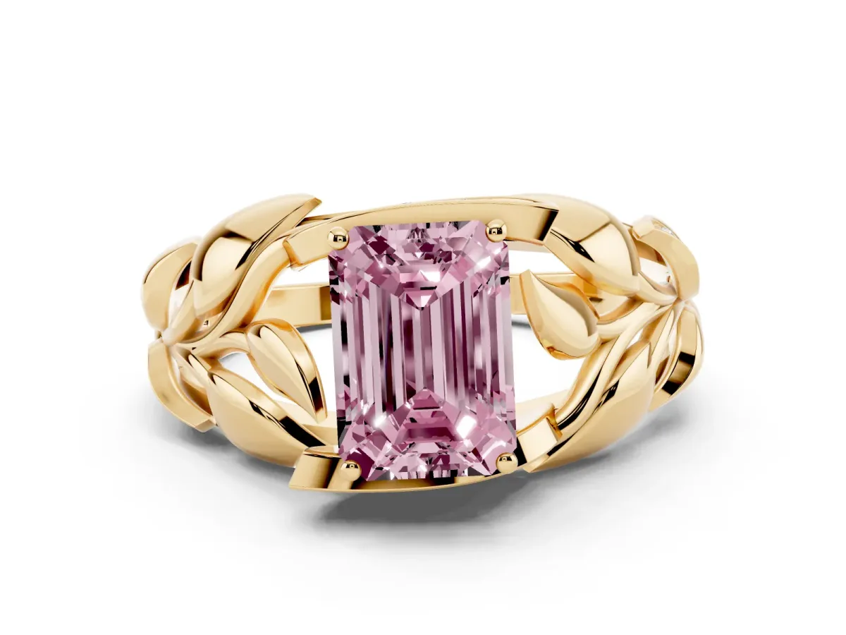 Fancy Pink Emerald Cut Diamond Leaf-Inspired Engagement Ring with Round Accents and Prong Setting Yellow gold