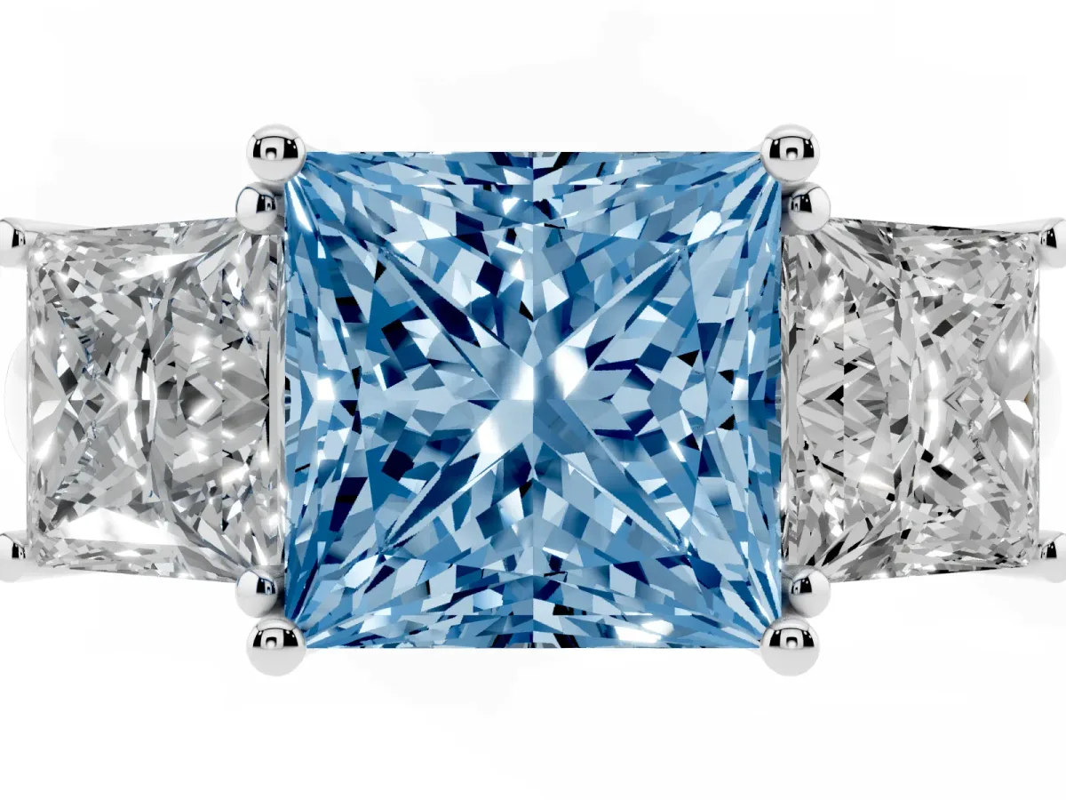 Fancy Blue Three-Stone Princess Cut Diamond Engagement Ring with Prong Setting White gold