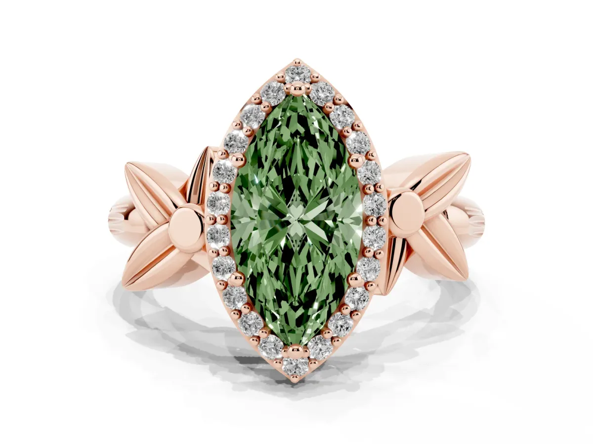 Fancy Green Marquise Cut Halo Diamond Floral Band with Four-Prong Setting Rose gold