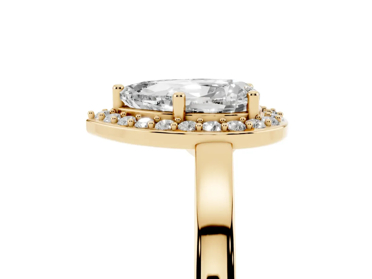 Pear Cut Halo Diamond Ring with Solitaire Band and Prong Setting Yellow gold