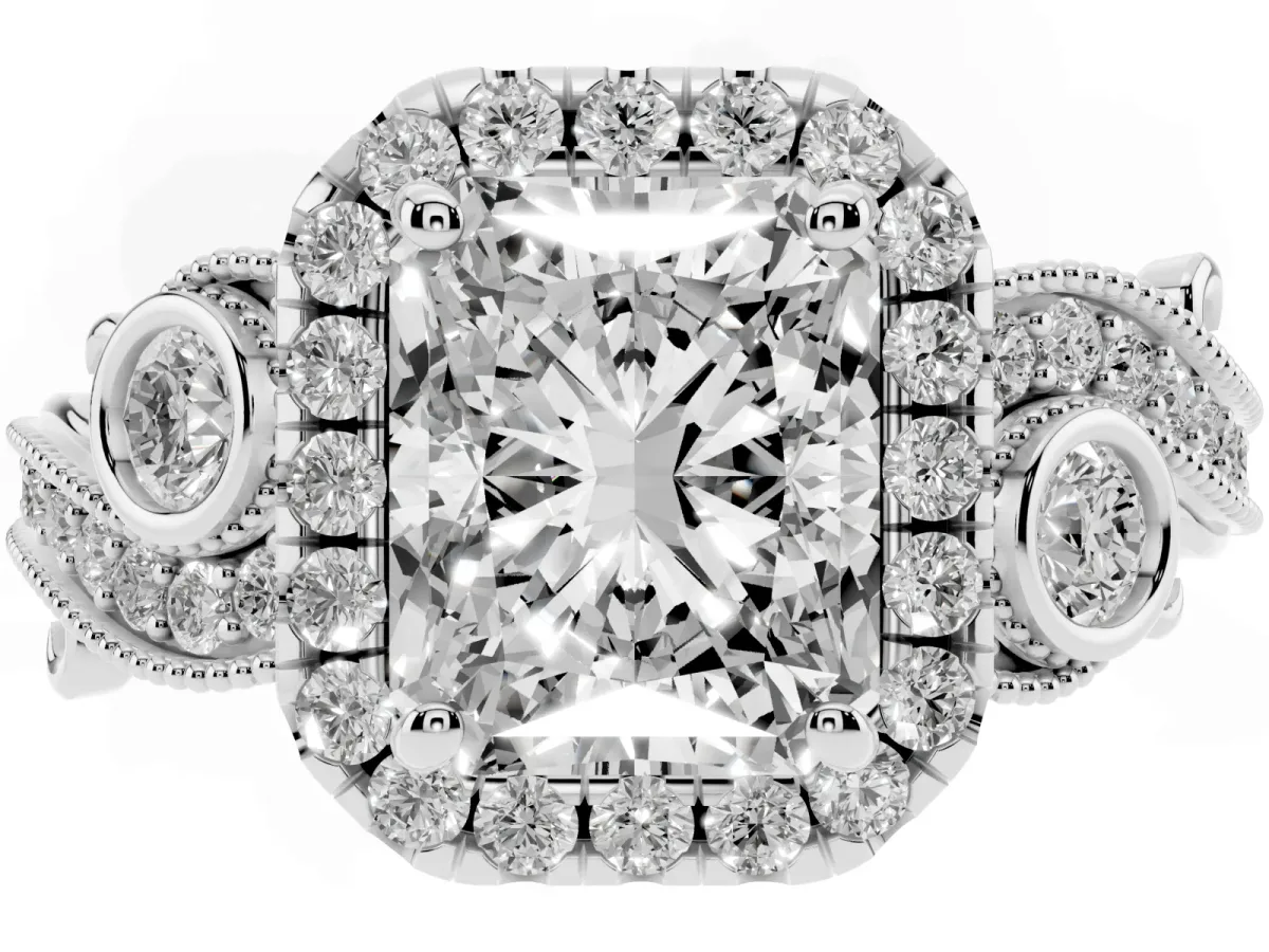 Radiant Cut Halo Diamond Ring with Milgrain and Bezel Accents on a Split Shank Band Platinum