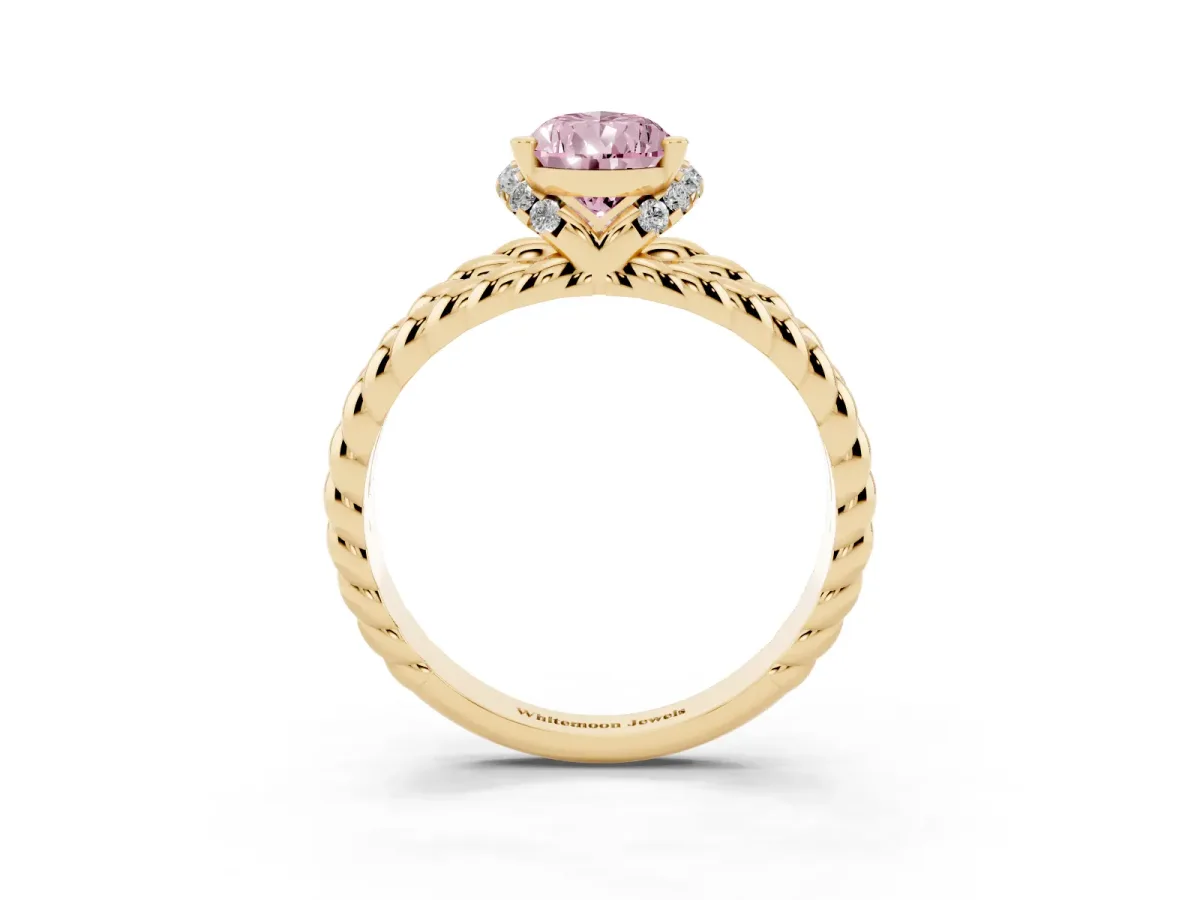 Fancy Pink Pear Cut Halo Twisted Band Four-Prong Ring Yellow gold