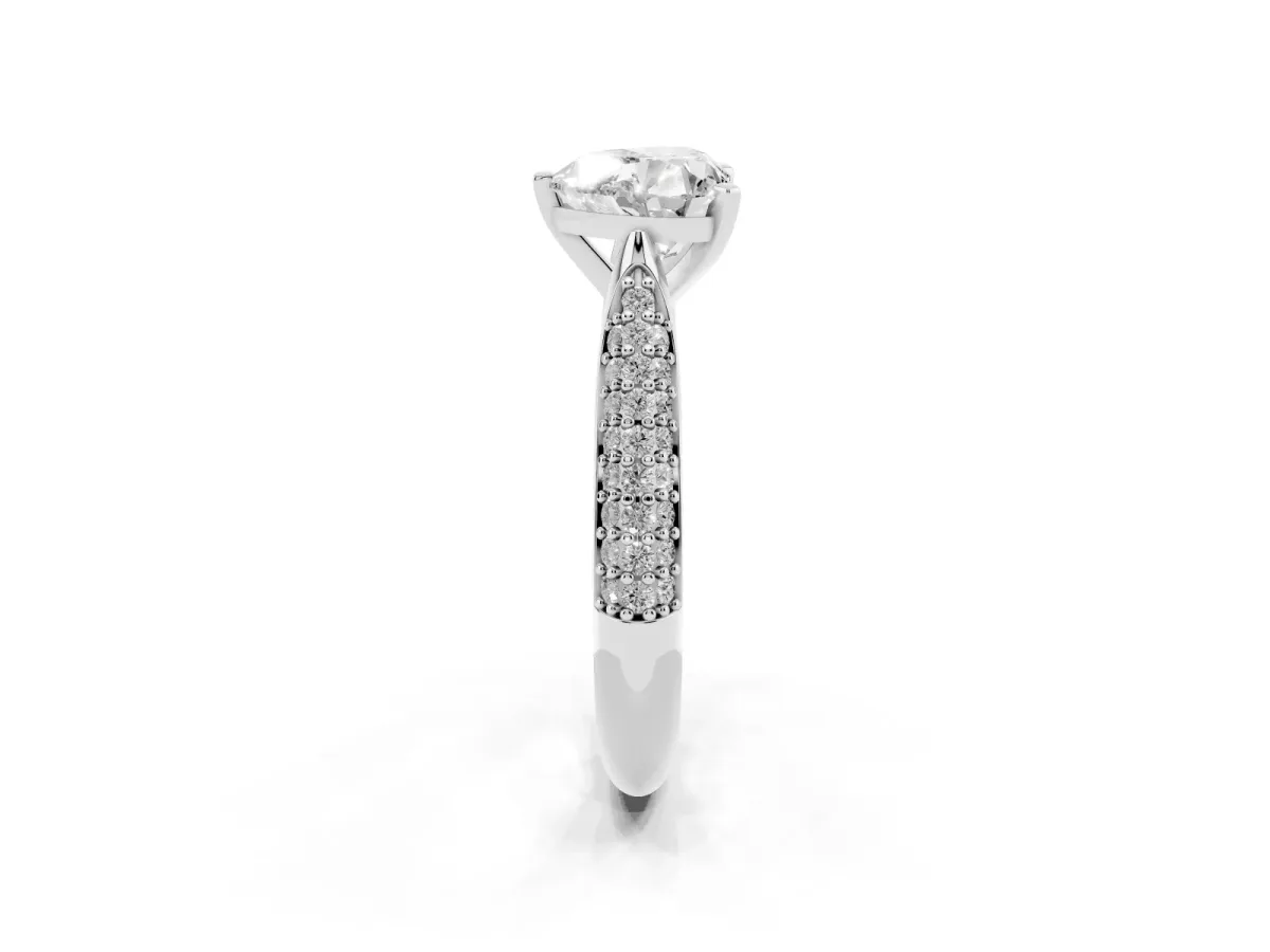 Heart Cut Diamond Solitaire Engagement Ring with Multi-Row Round Pavé Band and Prong Setting White gold