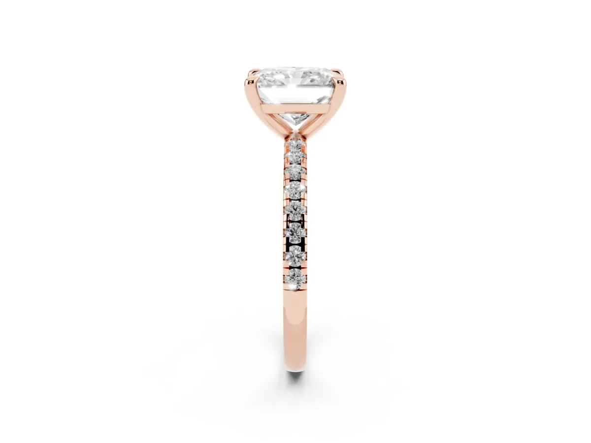 Radiant Cut Diamond Brilliant Solitaire Ring with Pavé Band and Four-Prong Setting Rose gold