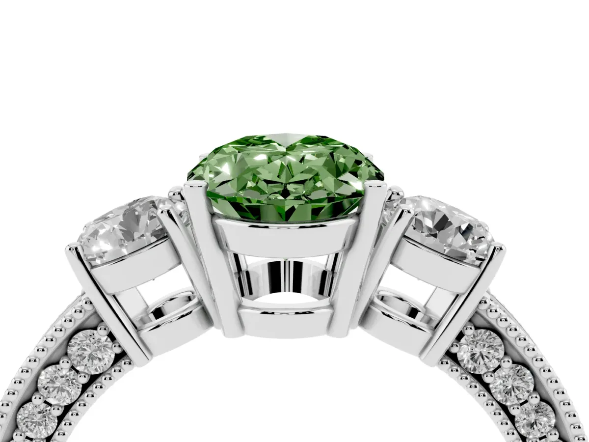 Fancy Green Oval Cut Three-Stone Diamond Ring with Pavé Band and Four-Prong Setting Silver
